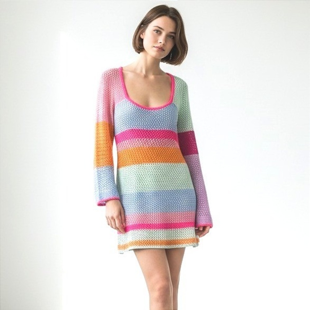 Multi Color Striped Crochet Mini Dress Long Sleeve Scoop Neck Boho Open Knit
